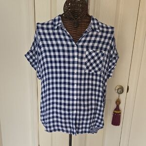 Classic Navy and White Checkered Women's Button Down Blouse